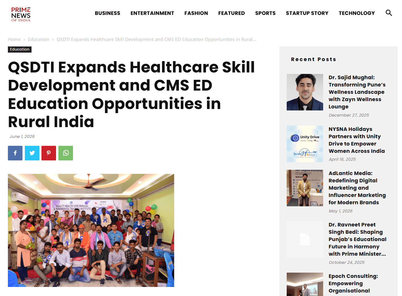 QSDTI Featured in Prime News of India banner