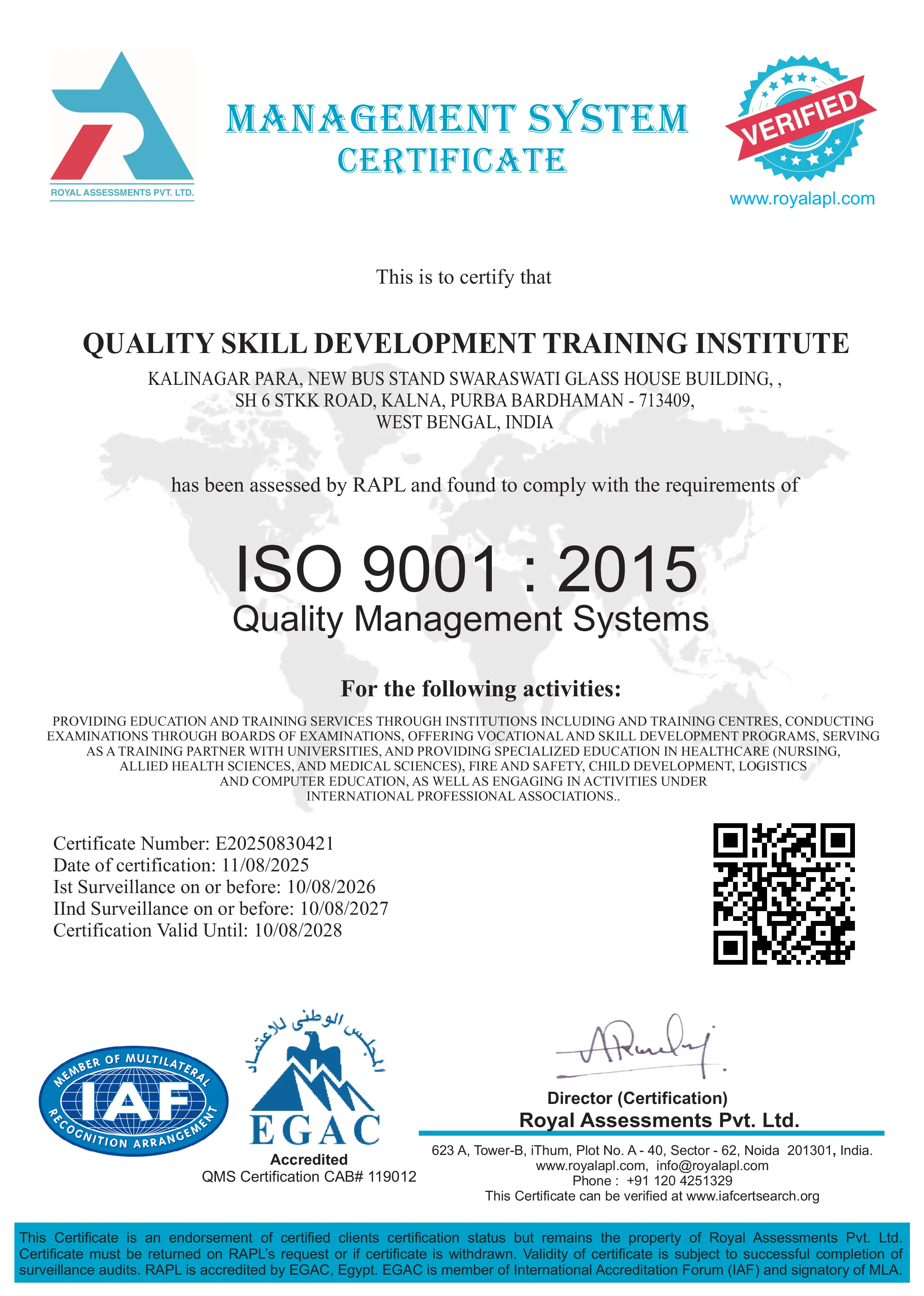 ISO 9001:2015 Institute Certificate